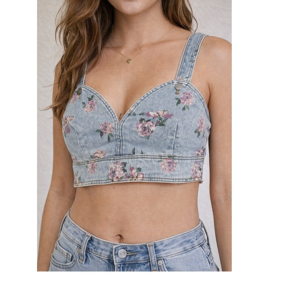 Wild Fable Floral Denim Bustier Crop‎ Top Womens Medium Light Wash Size M
